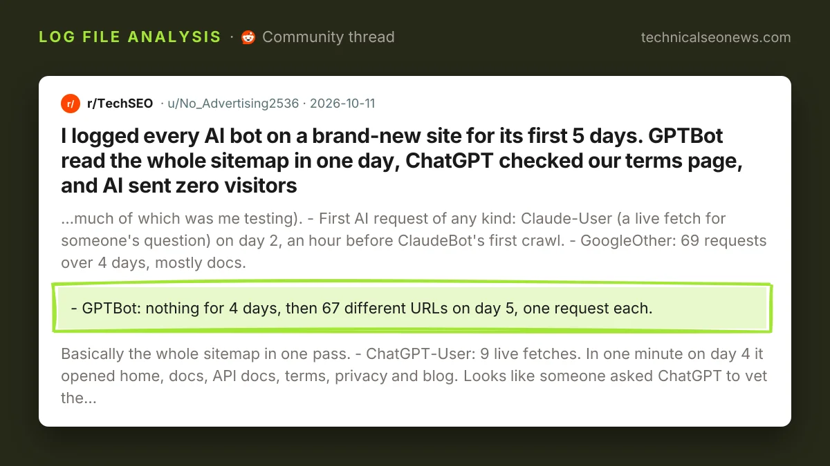 Post from r/TechSEO: I logged every AI bot on