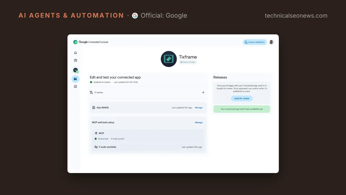 Screenshot from Google: Connected Apps Platform announcement: Connected Apps UI where you…