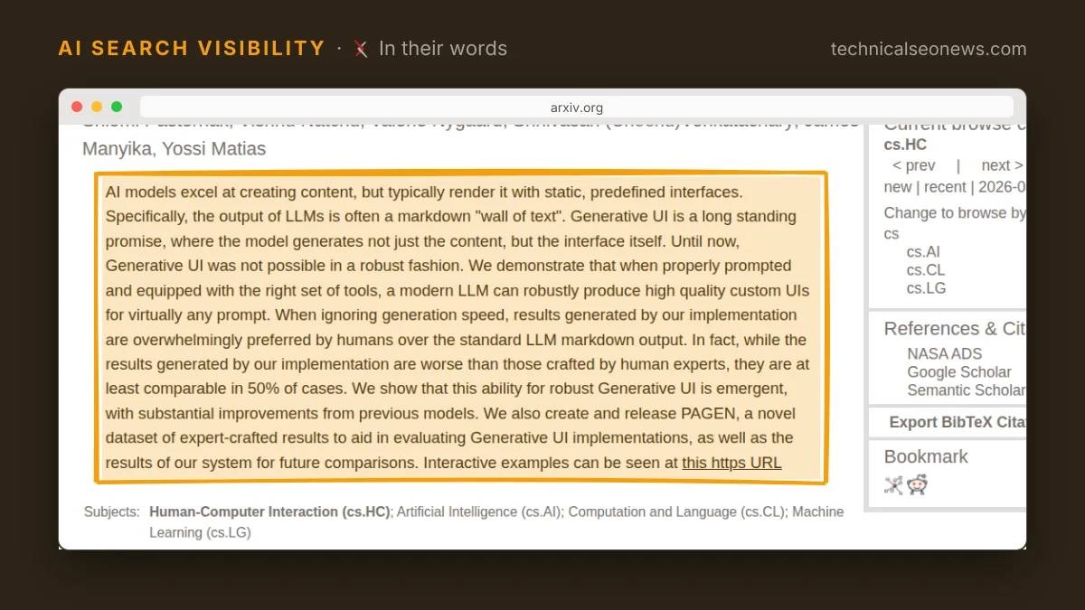 Quoted from Generative UI: LLMs are Effective UI Generators (arXiv): overwhelmingly prefe…