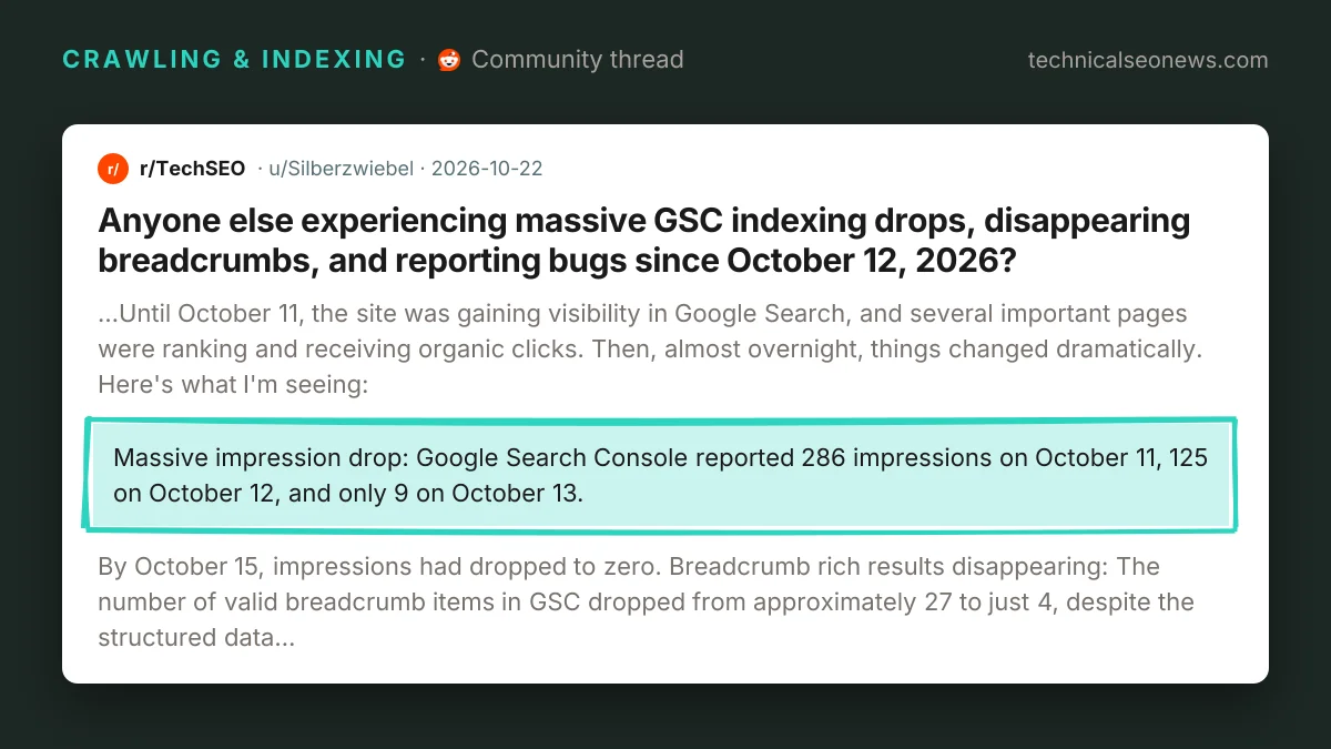 Post from r/TechSEO: Anyone else experiencing massive GSC indexing