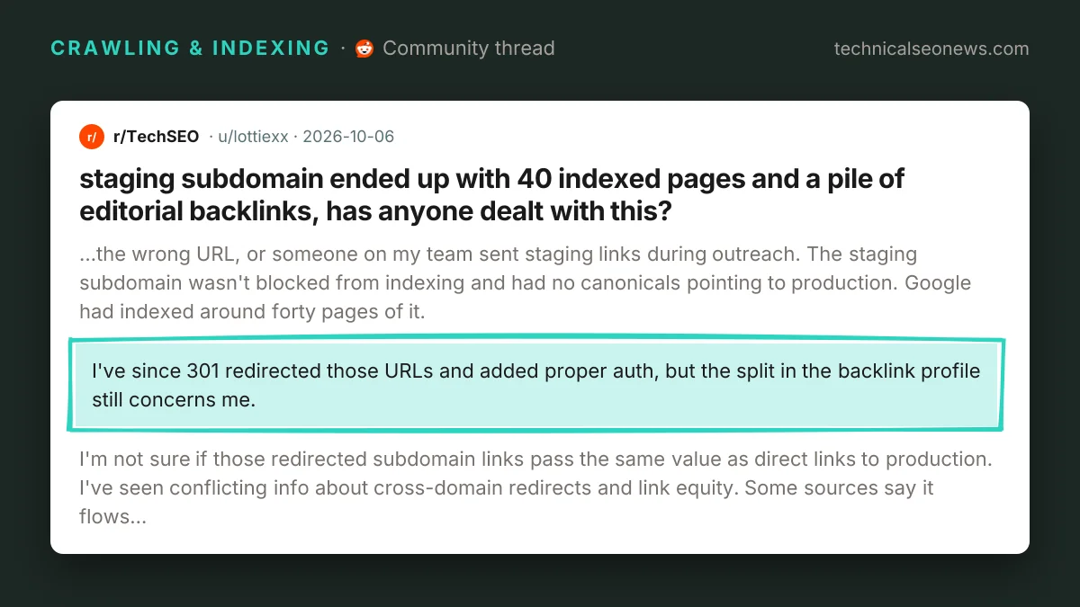 Post from r/TechSEO: staging subdomain ended up with 40