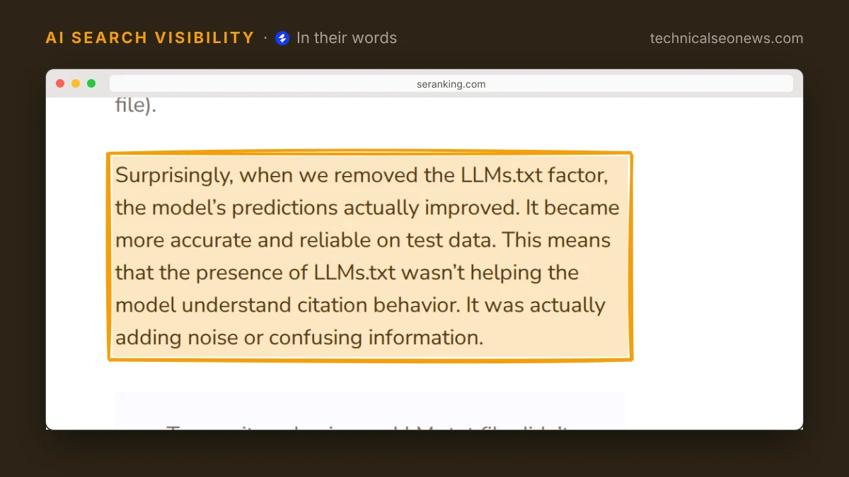 Quoted from SE Ranking: Does LLMs.txt impact your AI visibility and citations? No, accord…