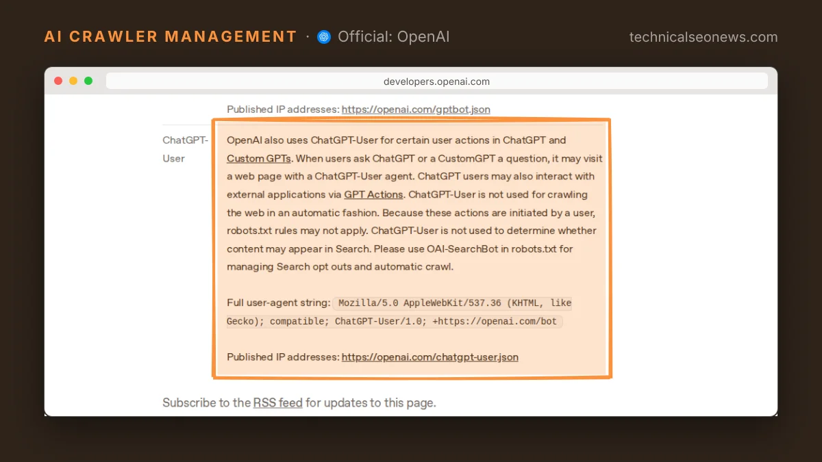 Quoted from OpenAI user agents documentation: ChatGPT-User is not used for crawling the w…