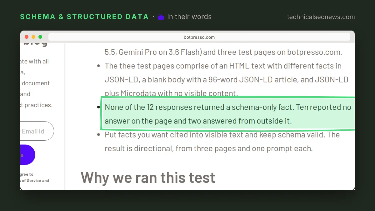 Quoted from Botpresso: Does schema markup help AI assistants read your page?: None of the…