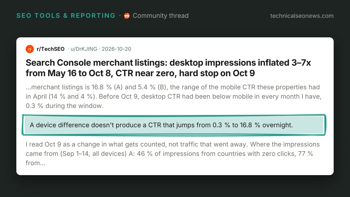 Post from r/TechSEO: Search Console merchant listings: desktop impressions