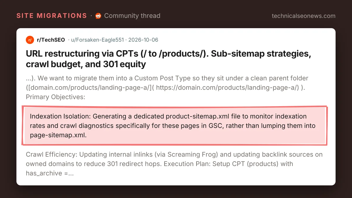 Post from r/TechSEO: URL restructuring via CPTs (/ to