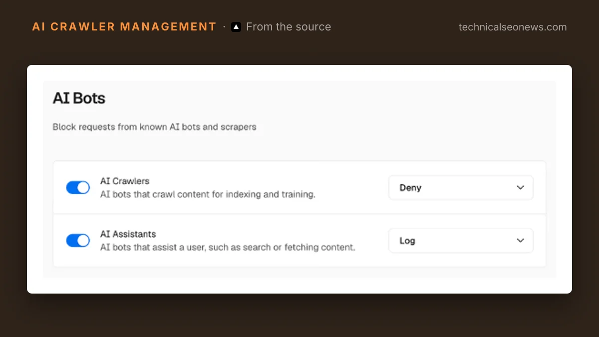 Screenshot from Vercel changelog: Block AI crawlers and assistants independently with man…