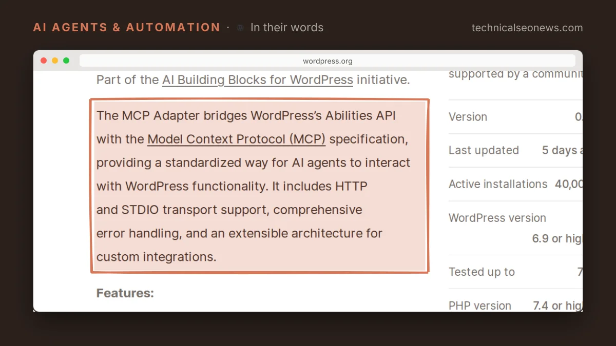 Quoted from MCP Adapter plugin on WordPress.org: The MCP Adapter bridges WordPress’s Abil…
